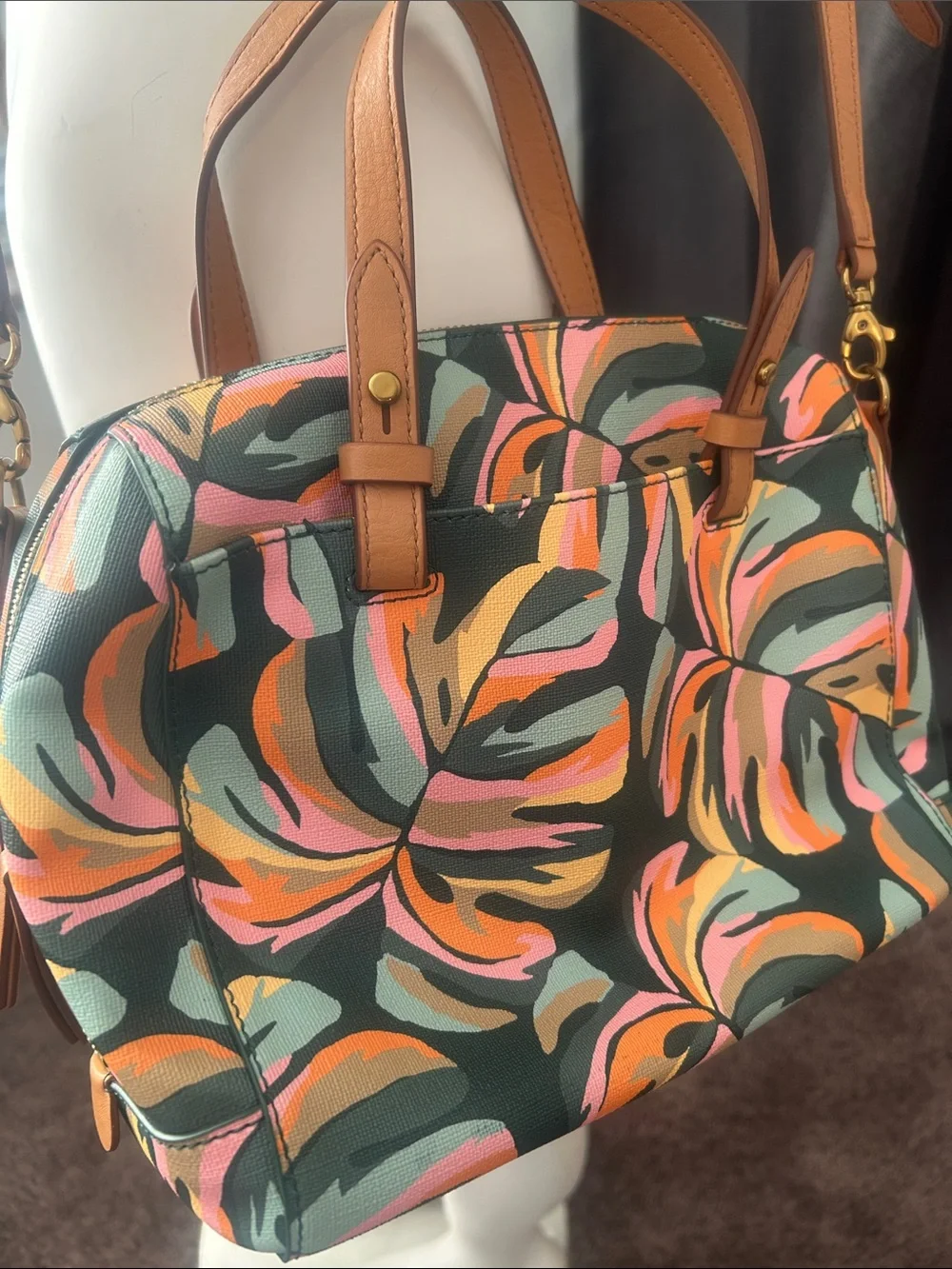 Fossil Rachel Tropical Leaf Print Pink/Green satchel/crossbody